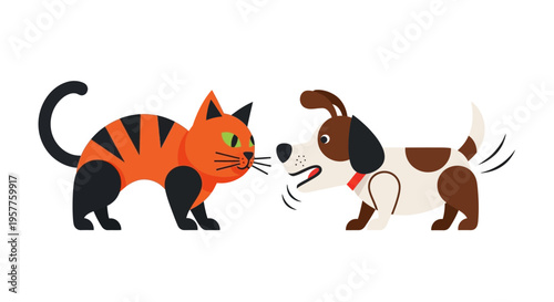 Cute Cat and Dog Illustration A Playful Interaction Between a Tabby Cat and a Brown and White Puppy