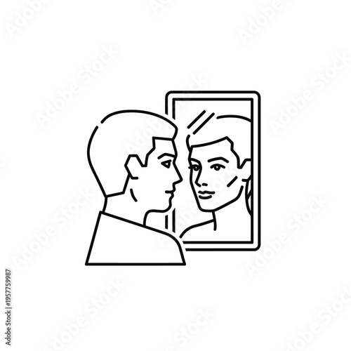 Person Looking at Reflection in Mirror with Thoughtful Expression. Vector Illustrations. EPS Editable