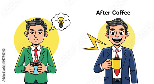 The energizing transformation a tired man finds renewed focus, inspiration, and a jolt of creative energy after enjoying his coffee