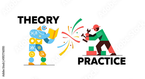 Theory vs Practice illustrated with abstract figures representing learning and hands-on work with tools