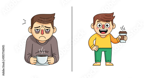 Cartoon illustration of a tired man transformed into an energetic and happy person after drinking coffee or caffeine