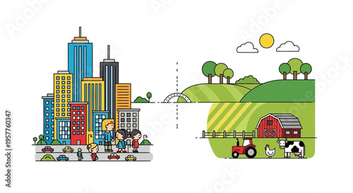 Flat design graphic illustrating the contrast and connection of urban city life and rural farm landscapes, showing diverse modern environments
