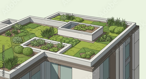 Modern Architectural Illustration of a Sustainable Green Roof Garden with Urban Landscaping