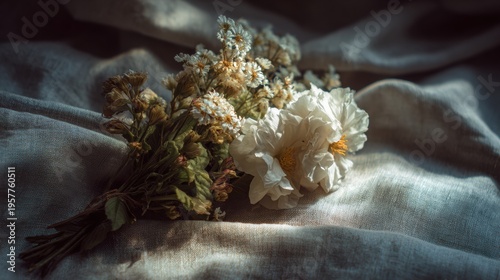 Bouquet Resting on Soft Linen Fabric With Visible Fibers and Folds Under Gentle Light Arranged From Top-Down Perspective