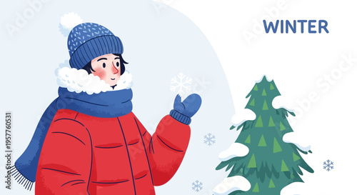 Embracing the frosty beauty Young person enjoying a serene moment, marveling at a delicate snowflake in a vibrant winter scene