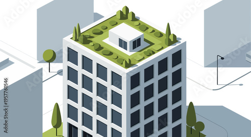 Modern Sustainable Building with Green Rooftop Garden Isometric Illustration for Eco-Friendly Urban Architecture Concept