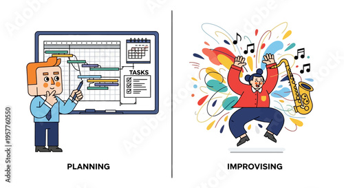 Strategic business planning versus dynamic creative improvisation a visual metaphor for different workstyles