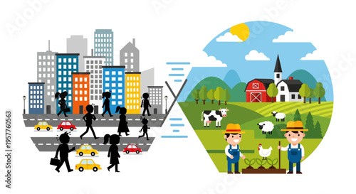 Comparing the bustling urban city life and modern architecture with the tranquil rural farm environment, highlighting distinct lifestyles and communities
