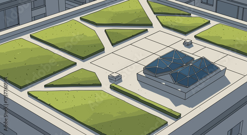 Modern Green Roof Garden Illustration with Geometric Lawn Patches and Glass Skylights