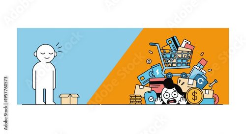 Visualizing the impact of choices from modest contentment to the immense pressure of uncontrolled spending and excessive purchases