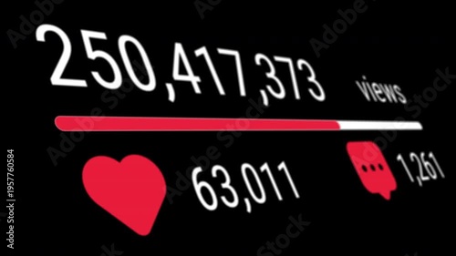 Social network post engagement animation likes views comments statistics growing digital media