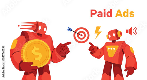 Engaging red robots showcasing effective paid advertising strategies for digital marketing success and reaching target audiences