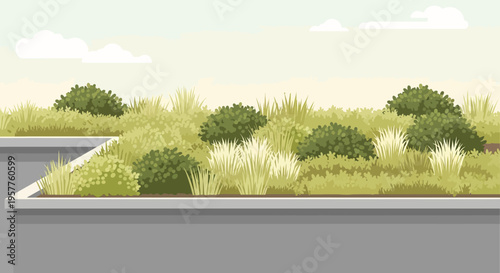 Modern Green Roof Garden Illustration with Lush Plants for Sustainable Urban Architecture