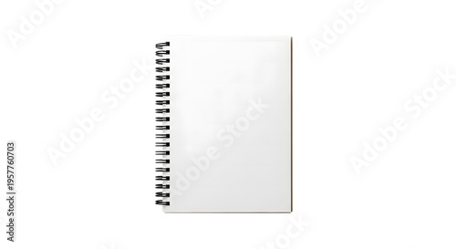 A spiral bound blank notebook with a white cover for writing notes and creative sketching projects isolated on transparent background