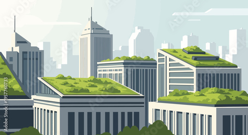 Modern Sustainable City Illustration with Green Living Roofs and Eco-Friendly Urban Architecture