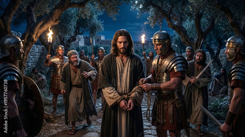 Jesus Arrested by Roman Guards in the Garden of Gethsemane at Night