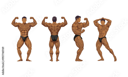 Vector illustration of a muscular male bodybuilder in four classic competition poses, showing front, back, and side views with detailed muscle anatomy.