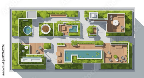Top Down View of Modern Landscape Architecture Plan for a Luxury Rooftop Garden with Pools and Green Spaces
