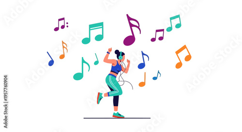 Energetic young dancer performing amid music notes. Vector Illustrations. EPS Editable