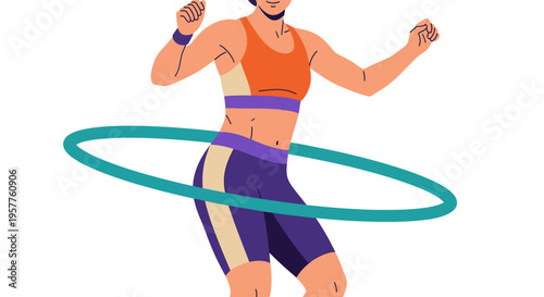 Energetic Athlete Hula Hoop Workout In Action. Vector Illustrations. EPS Editable