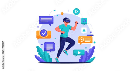 Dynamic person leaping among communication icons. Vector Illustrations. EPS Editable