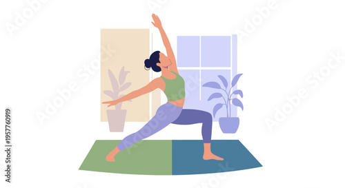 Female Practitioner Demonstrating Yoga Pose On Mat In Home Studio. Vector Illustrations. EPS Editable