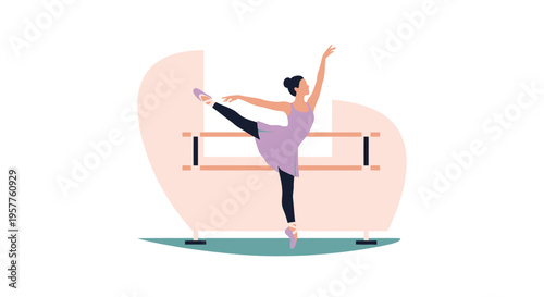 Graceful ballet dancer performing arabesque at barre. Vector Illustrations. EPS Editable