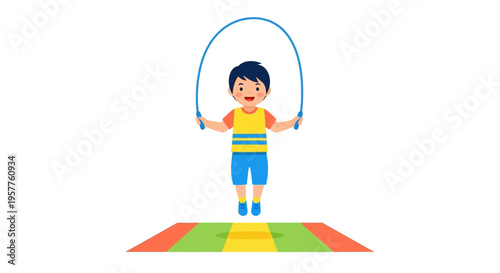 Joyful boy jumping rope on colorful mat. Vector Illustrations. EPS Editable