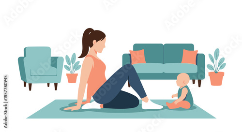 Mother Yoga With Baby On Rug At Home. Vector Illustrations. EPS Editable