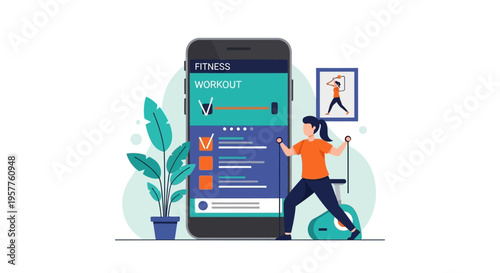 Mobile app interface with user interacting with large screen. Vector Illustrations. EPS Editable