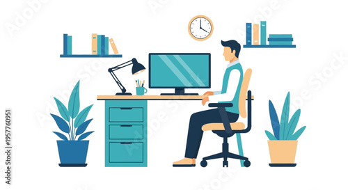 Office Worker At Desk Using Computer In Modern Workspace. Vector Illustrations. EPS Editable