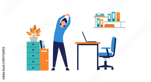 Office worker stretching pose at desk in blue shirt. Vector Illustrations. EPS Editable