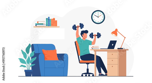 Person lifting dumbbells at desk in office. Vector Illustrations. EPS Editable