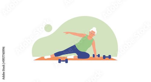 Person performing yoga stretch on exercise mat with weights. Vector Illustrations. EPS Editable