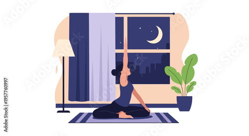 Person performing yoga pose on mat indoors at night time. Vector Illustrations. EPS Editable