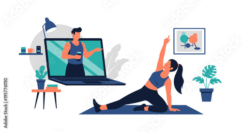 Yoga Practitioner On Mat With Online Instructor Demonstrating Pose. Vector Illustrations. EPS Editable