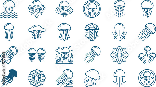 Collection of twenty-four stylized line art icons representing various beautiful marine jellyfish creatures