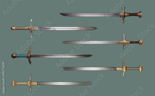Set of fantasy medieval knight swords isolated on background, realistic vector illustration