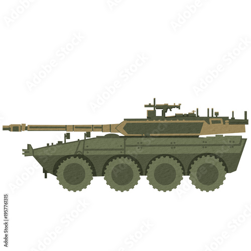 Green Camouflage Armored Wheeled Tank Illustration, Modern Military Armored Vehicle Side View