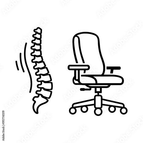 Minimalist black line vector icon illustration of an ergonomic workspace setup with an adjustable office chair, desk, and computer monitor on a white background for workplace health and safety.