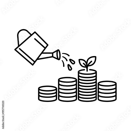 Minimalist black line vector icon illustration of dividend yield on white background, featuring a financial growth chart and currency symbol for investment analysis, stock market profit, and ROI.