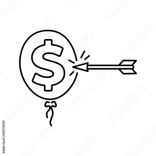 Minimalist black line vector icon illustration of inflation impact featuring a rising arrow and currency symbol on a white background, ideal for financial reports and economic data analysis.