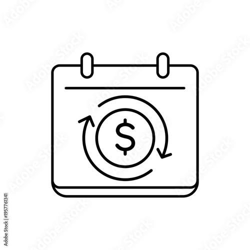 Subscription Revenue Minimalist Black Line Vector Icon Illustration on White Background, Featuring Recurring Payment Symbol, Dollar Sign, and Circular Arrow for Business Growth and Scalability.