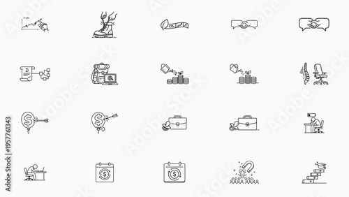20 Minimalist Black Line Vector Icon Set Bundle: Business Finance and Lifestyle Concepts including Conflict Resolution, Inflation, Digital Nomad, Smart Contract, Upskilling, and Talent Acquisition.