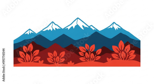 Vibrant mountain landscape with snow capped peaks autumn foliage and colorful hills under a clear sky