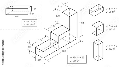 volume of composite shapes and easy example of volume reactangular prism, answers and 3d drawing. vector illustration. SVG file available only on Adobe Stock.