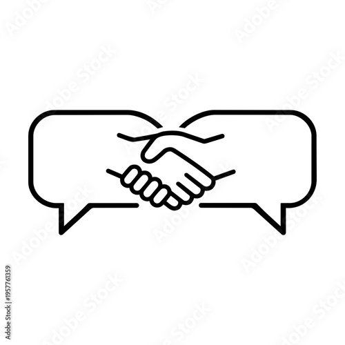 Minimalist black line vector icon illustration of conflict resolution and mediation on a white background, featuring a clean scalable design representing negotiation, peace, and problem solving.