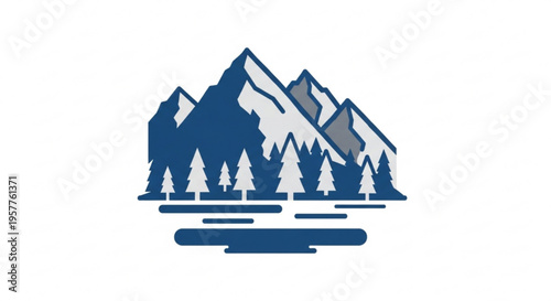 Snowy mountain landscape with trees and water serene nature scene in blue and white hues evoking calmness and tranquility in a minimalist style
