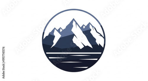 Mountain range landscape in a circle with water and white background