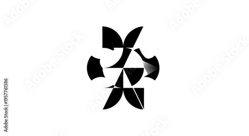 Abstract black geometric shape with curved fragments on white background symbolizing dynamic movement and modern design